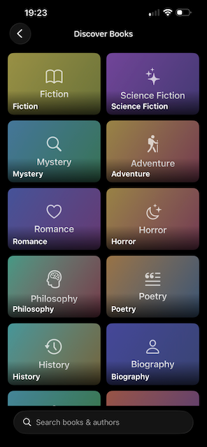 Discover tab showing genre grid for browsing free books