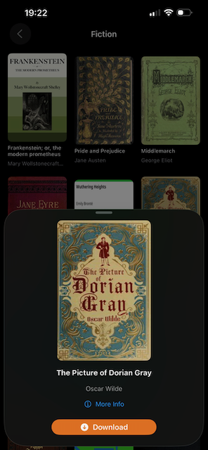Book detail sheet in Discover showing description, author, and Download button