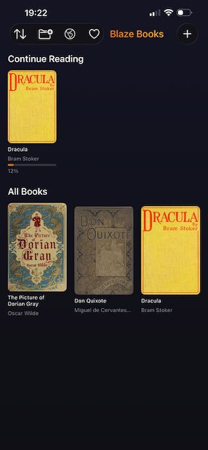 BlazeBooks library showing the + import button in the navigation bar