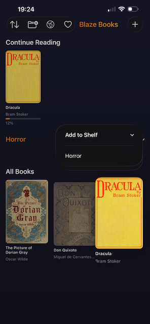Long-press context menu on a book cover showing shelf and delete options