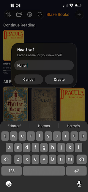 Long-press context menu on a book cover showing shelf and delete options