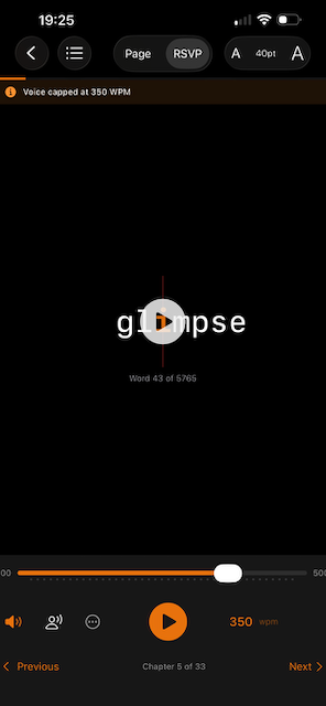 RSVP mode displaying a single word with the Optimal Recognition Point marker