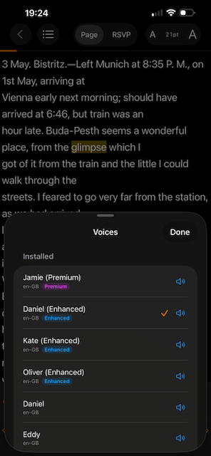 Voice selection preview showing voices to choose in the app
